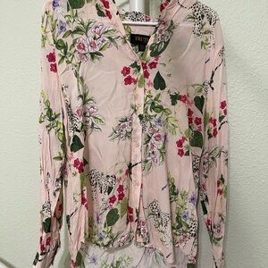 Truth Pink Floral Button-Down Shirt with Green Leaf Print